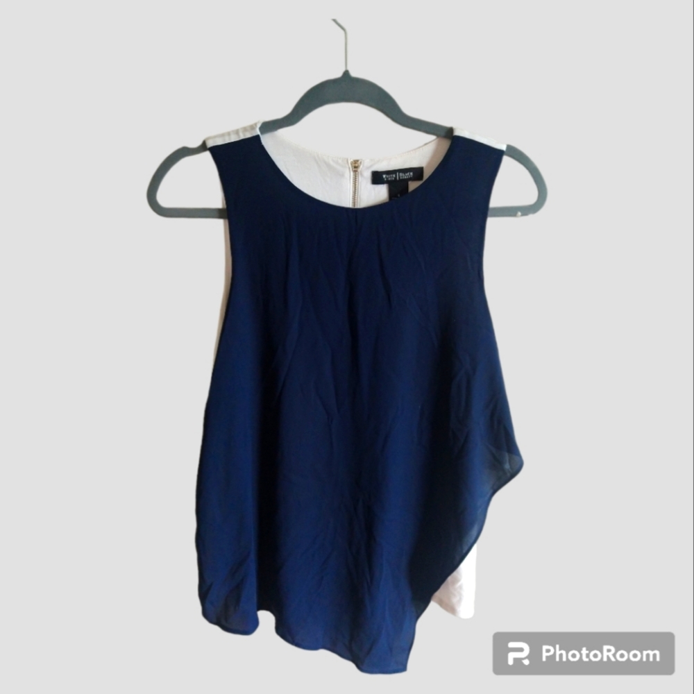 White House Black Market Women's Asymmetric Sleeveless Top Navy Blue White Small
